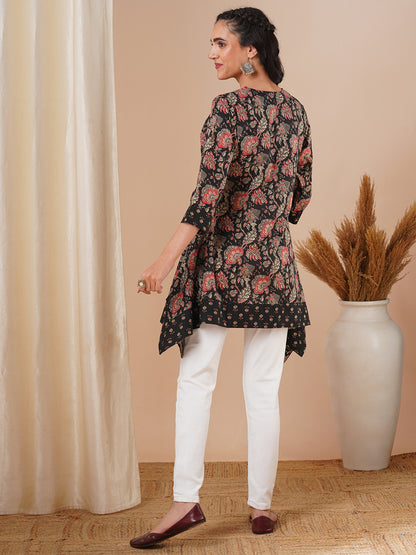 Ethnic Floral Printed A-Line Kurti - Black