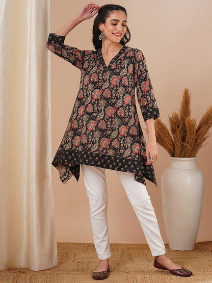 Ethnic Floral Printed A-Line Kurti - Black