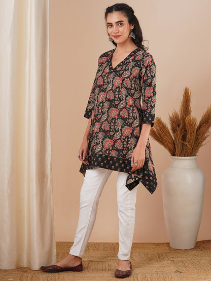 Ethnic Floral Printed A-Line Kurti - Black