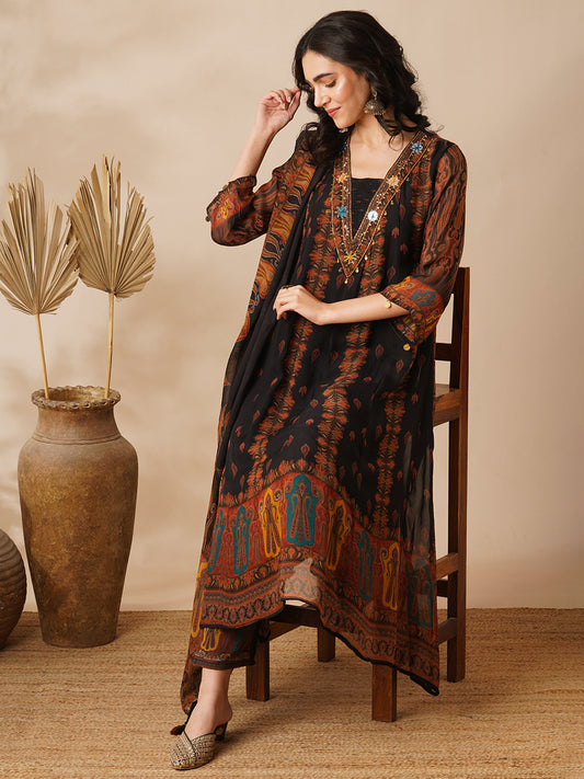 Ethnic Floral Printed & Embroidered A-Line Kurta with Pant & Dupatta - Black