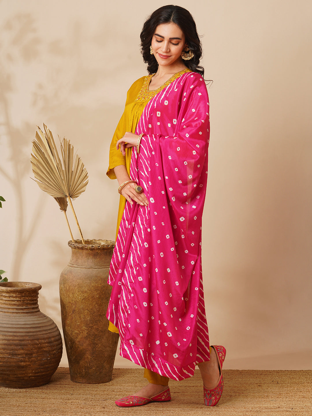 Ethnic Hand Embroidered A-Line Kurta with Pant & Bandhani Dupatta - Mustard