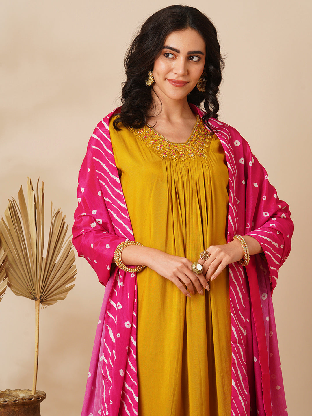 Ethnic Hand Embroidered A-Line Kurta with Pant & Bandhani Dupatta - Mustard