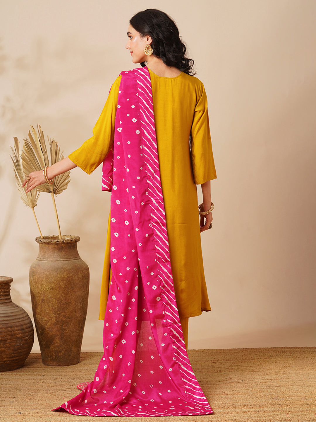 Ethnic Hand Embroidered A-Line Kurta with Pant & Bandhani Dupatta - Mustard