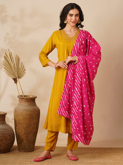 Ethnic Hand Embroidered A-Line Kurta with Pant & Bandhani Dupatta - Mustard