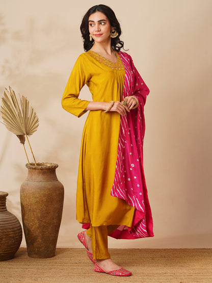 Ethnic Hand Embroidered A-Line Kurta with Pant & Bandhani Dupatta - Mustard