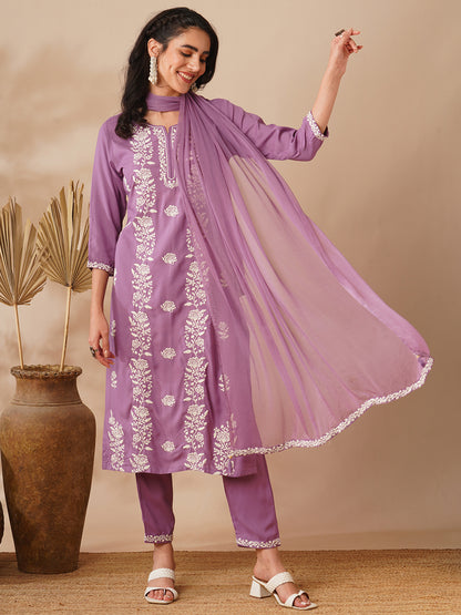 Solid Floral Embroidered Straight Fit Kurta with Pant and Dupatta - Purple