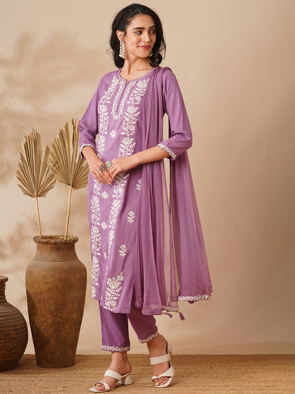 Solid Floral Embroidered Straight Fit Kurta with Pant and Dupatta - Purple