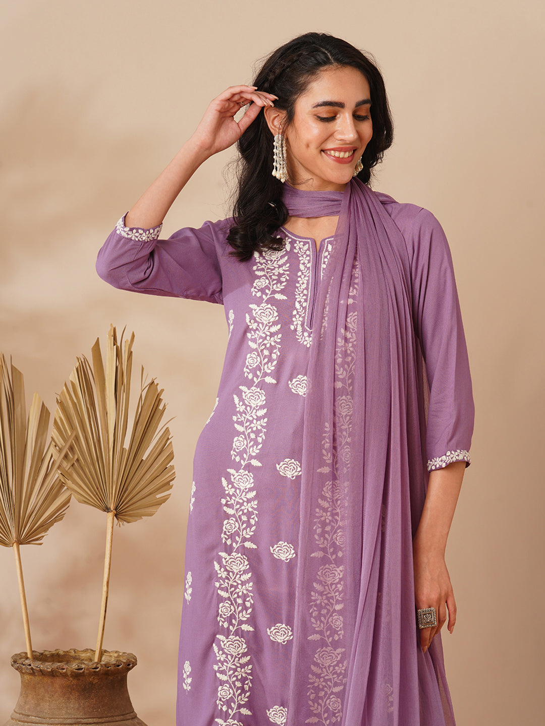 Solid Floral Embroidered Straight Fit Kurta with Pant and Dupatta - Purple