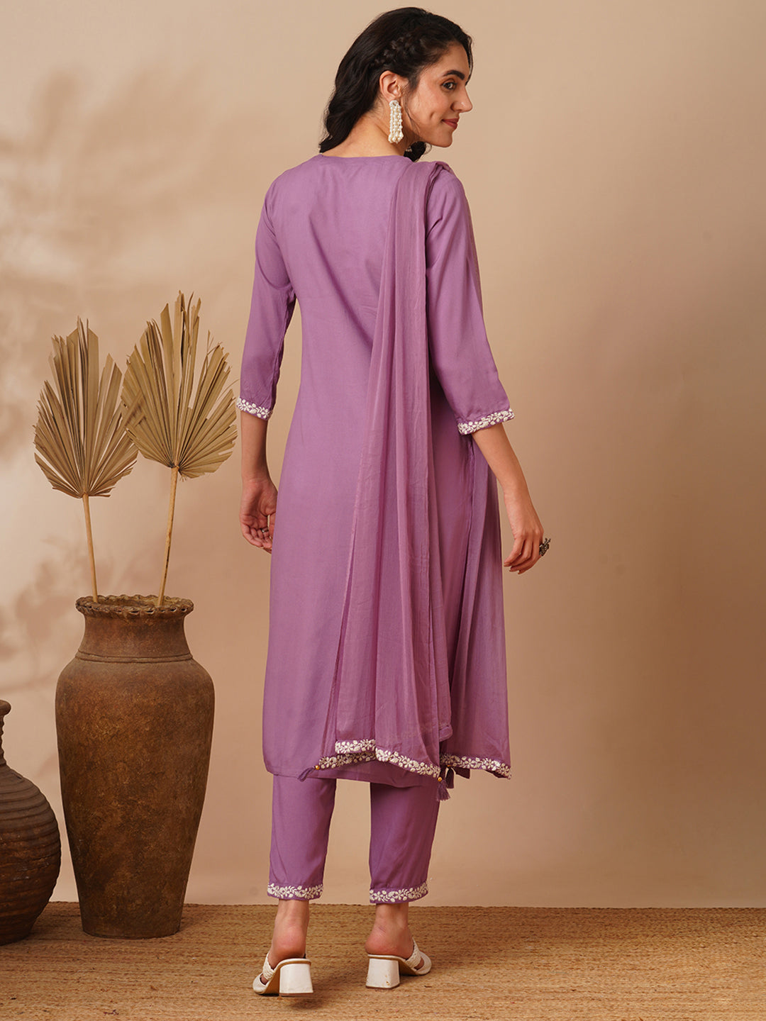 Solid Floral Embroidered Straight Fit Kurta with Pant and Dupatta - Purple