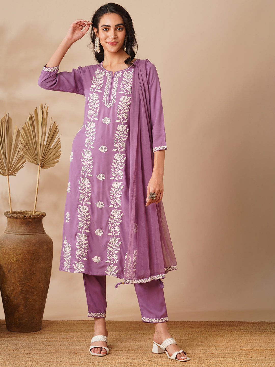 Solid Floral Embroidered Straight Fit Kurta with Pant and Dupatta - Purple