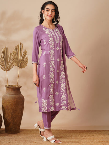 Solid Floral Embroidered Straight Fit Kurta with Pant and Dupatta - Purple