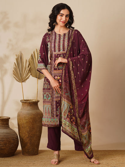 Floral Printed & Embroidered Straight Kurta with Palazzo & Dupatta - Burgundy