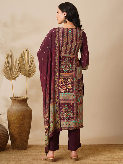 Floral Printed & Embroidered Straight Kurta with Palazzo & Dupatta - Burgundy