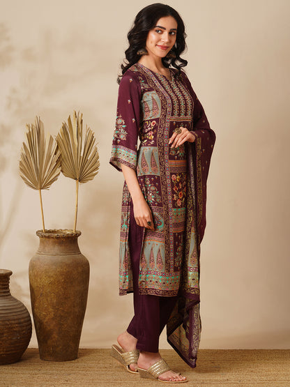 Floral Printed & Embroidered Straight Kurta with Palazzo & Dupatta - Burgundy