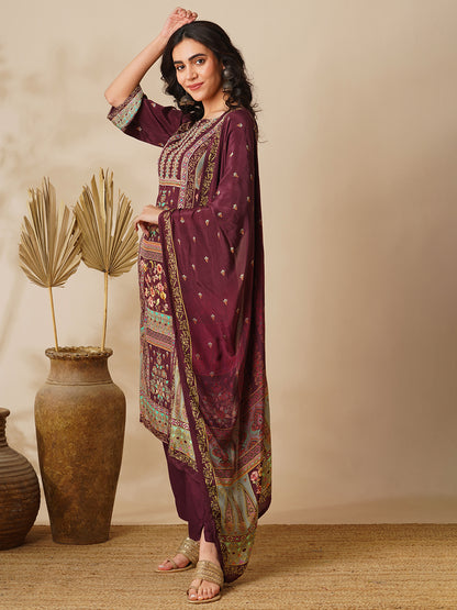 Floral Printed & Embroidered Straight Kurta with Palazzo & Dupatta - Burgundy