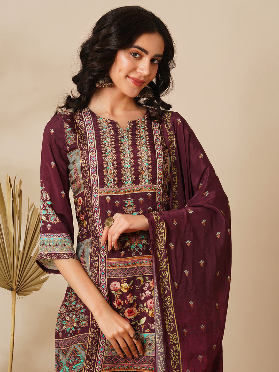 Floral Printed & Embroidered Straight Kurta with Palazzo & Dupatta - Burgundy