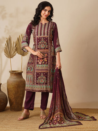 Floral Printed & Embroidered Straight Kurta with Palazzo & Dupatta - Burgundy