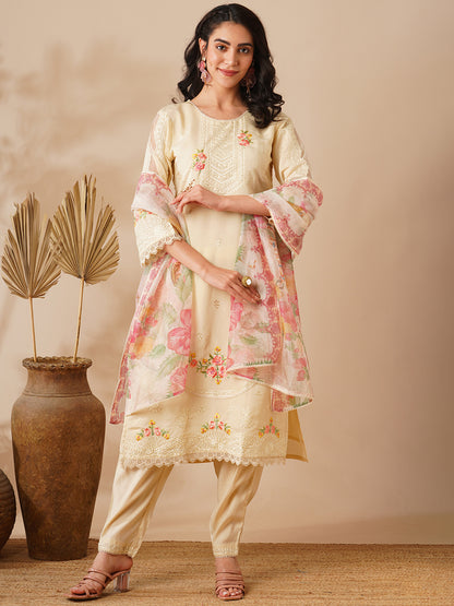 Solid Floral Embroidered Straight Fit Kurta with Pant & Dupatta - Off White