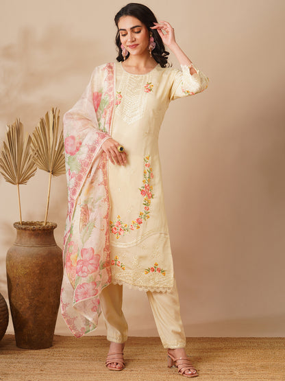 Solid Floral Embroidered Straight Fit Kurta with Pant & Dupatta - Off White