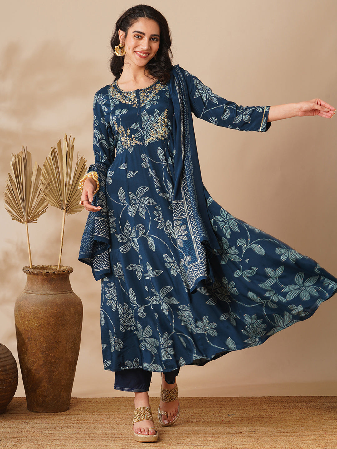 Bandhani Printed & Hand Embroidered A-Line Kurta with Pant & Dupatta - Blue