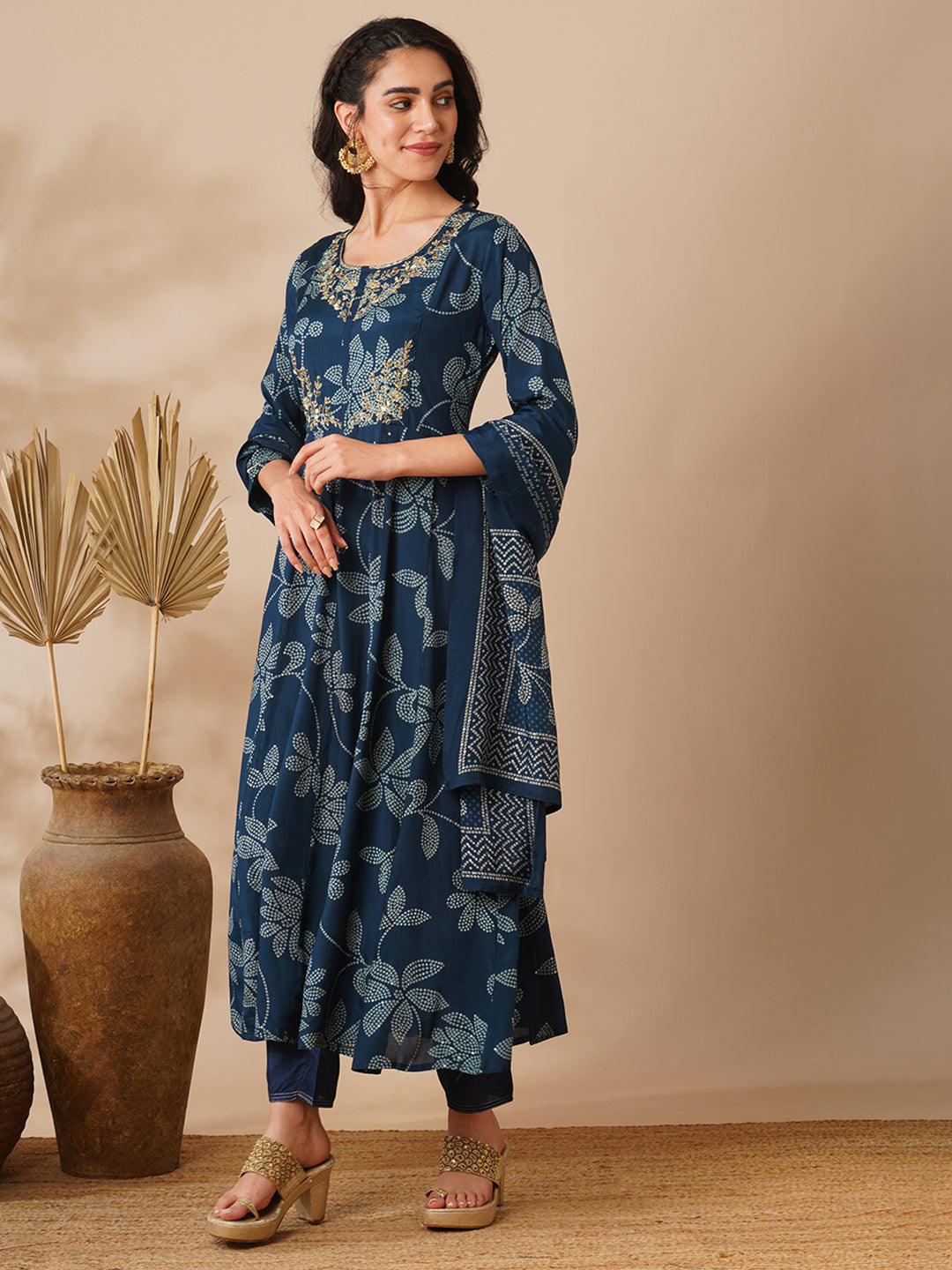 Bandhani Printed & Hand Embroidered A-Line Kurta with Pant & Dupatta - Blue