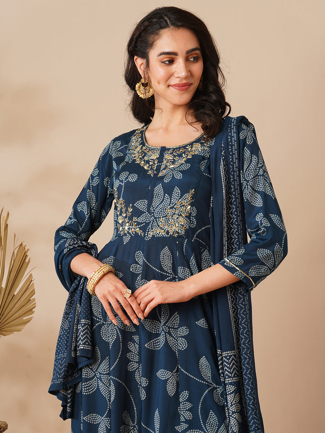 Bandhani Printed & Hand Embroidered A-Line Kurta with Pant & Dupatta - Blue