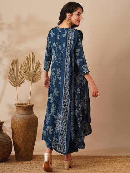 Bandhani Printed & Hand Embroidered A-Line Kurta with Pant & Dupatta - Blue