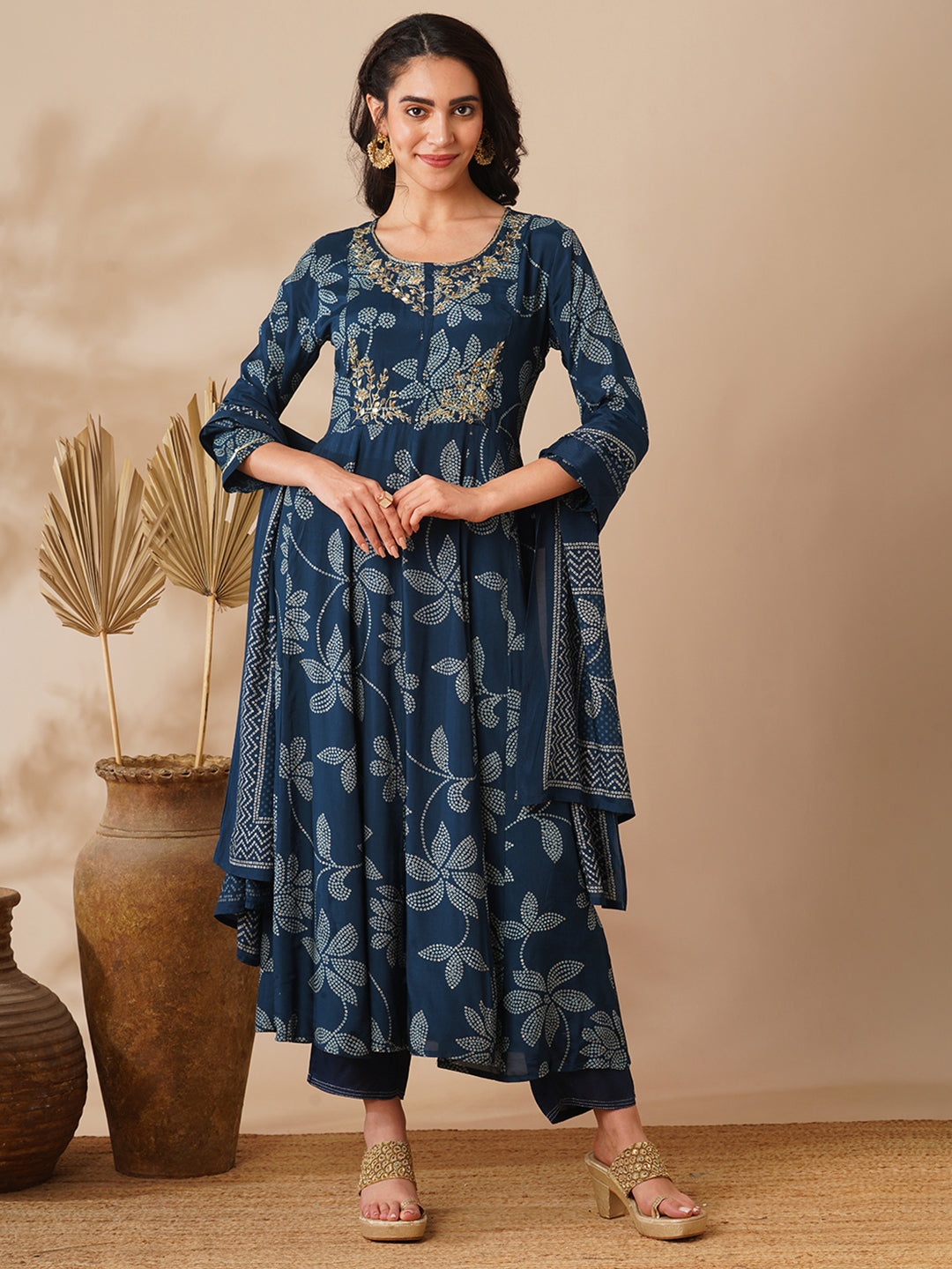 Bandhani Printed & Hand Embroidered A-Line Kurta with Pant & Dupatta - Blue