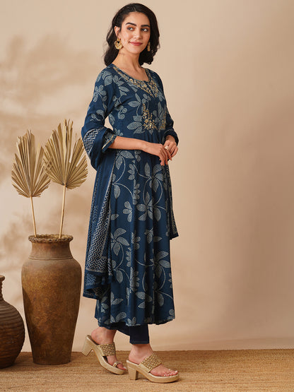 Bandhani Printed & Hand Embroidered A-Line Kurta with Pant & Dupatta - Blue