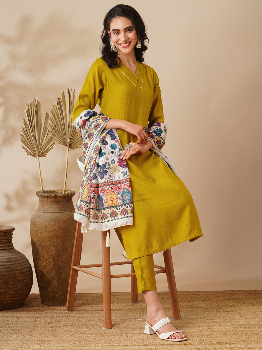 Solid Straight Fit Kurta with Pant & Ethnic Printed Dupatta - Mustard