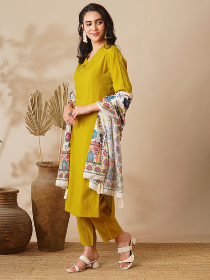 Solid Straight Fit Kurta with Pant & Ethnic Printed Dupatta - Mustard