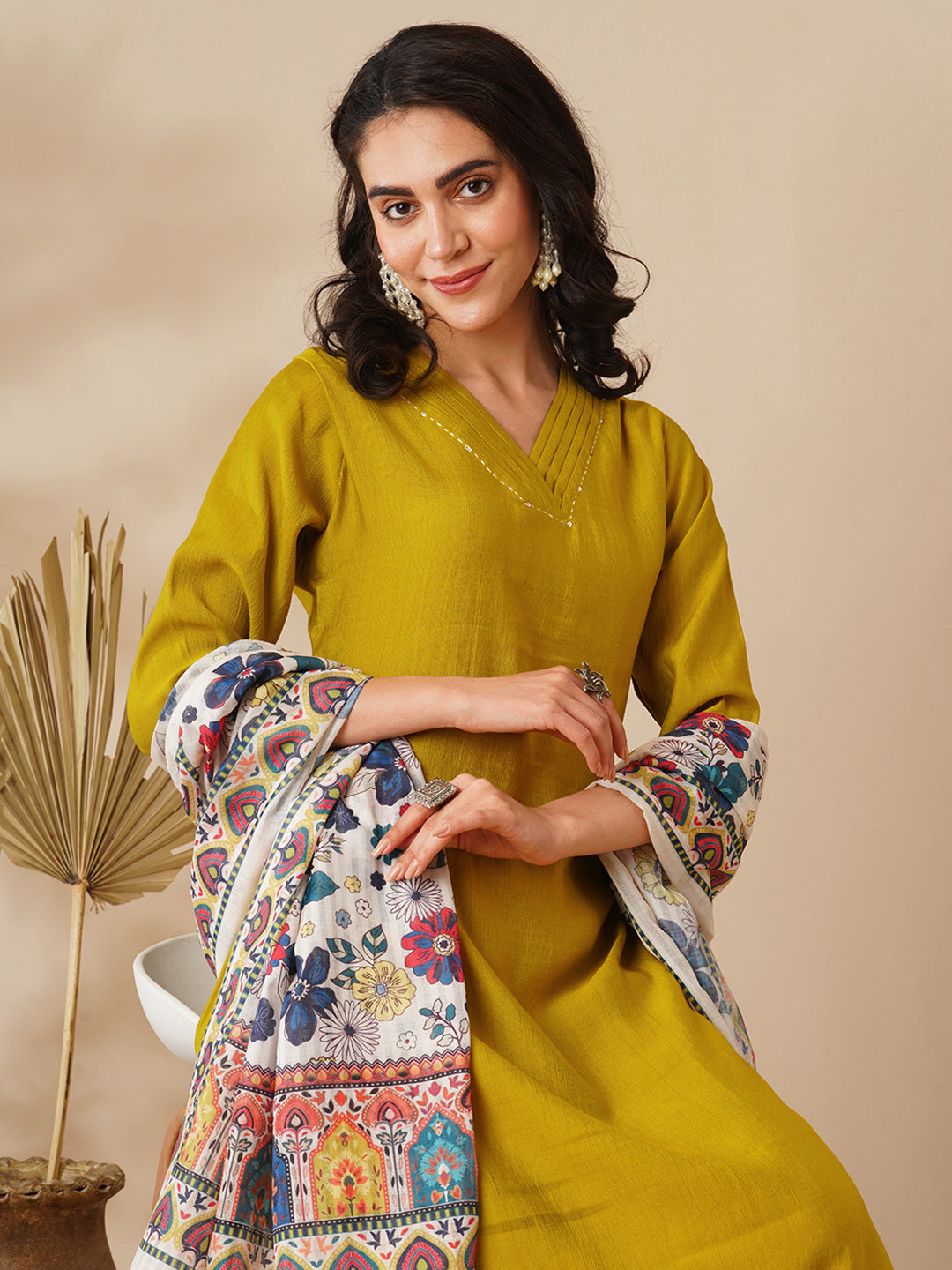 Solid Straight Fit Kurta with Pant & Ethnic Printed Dupatta - Mustard