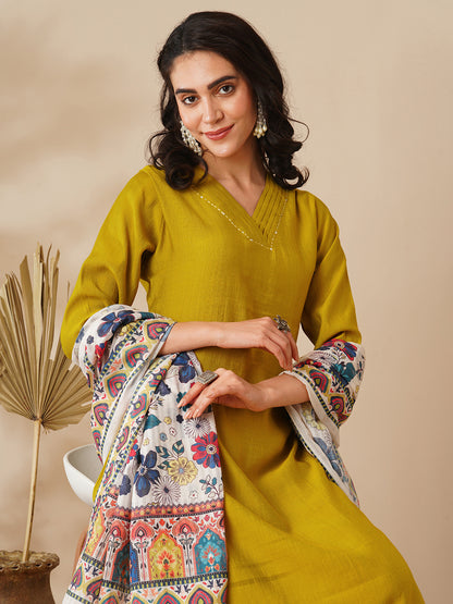 Solid Straight Fit Kurta with Pant & Ethnic Printed Dupatta - Mustard