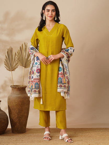 Solid Straight Fit Kurta with Pant & Ethnic Printed Dupatta - Mustard