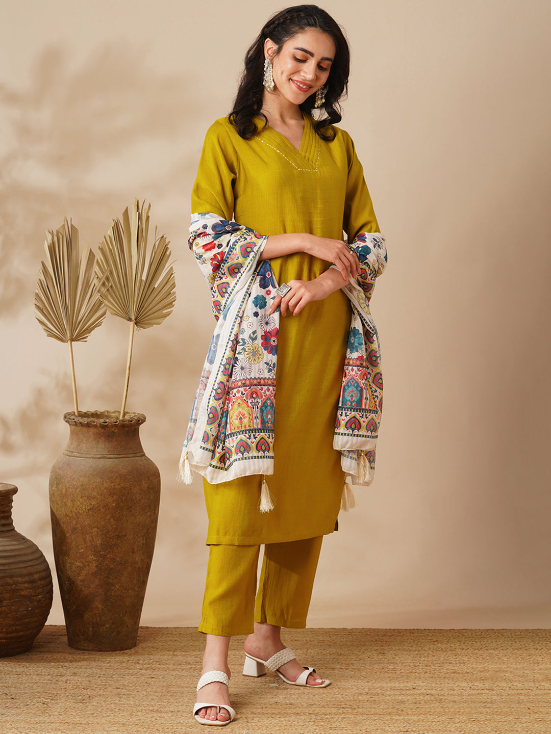 Solid Straight Fit Kurta with Pant & Ethnic Printed Dupatta - Mustard