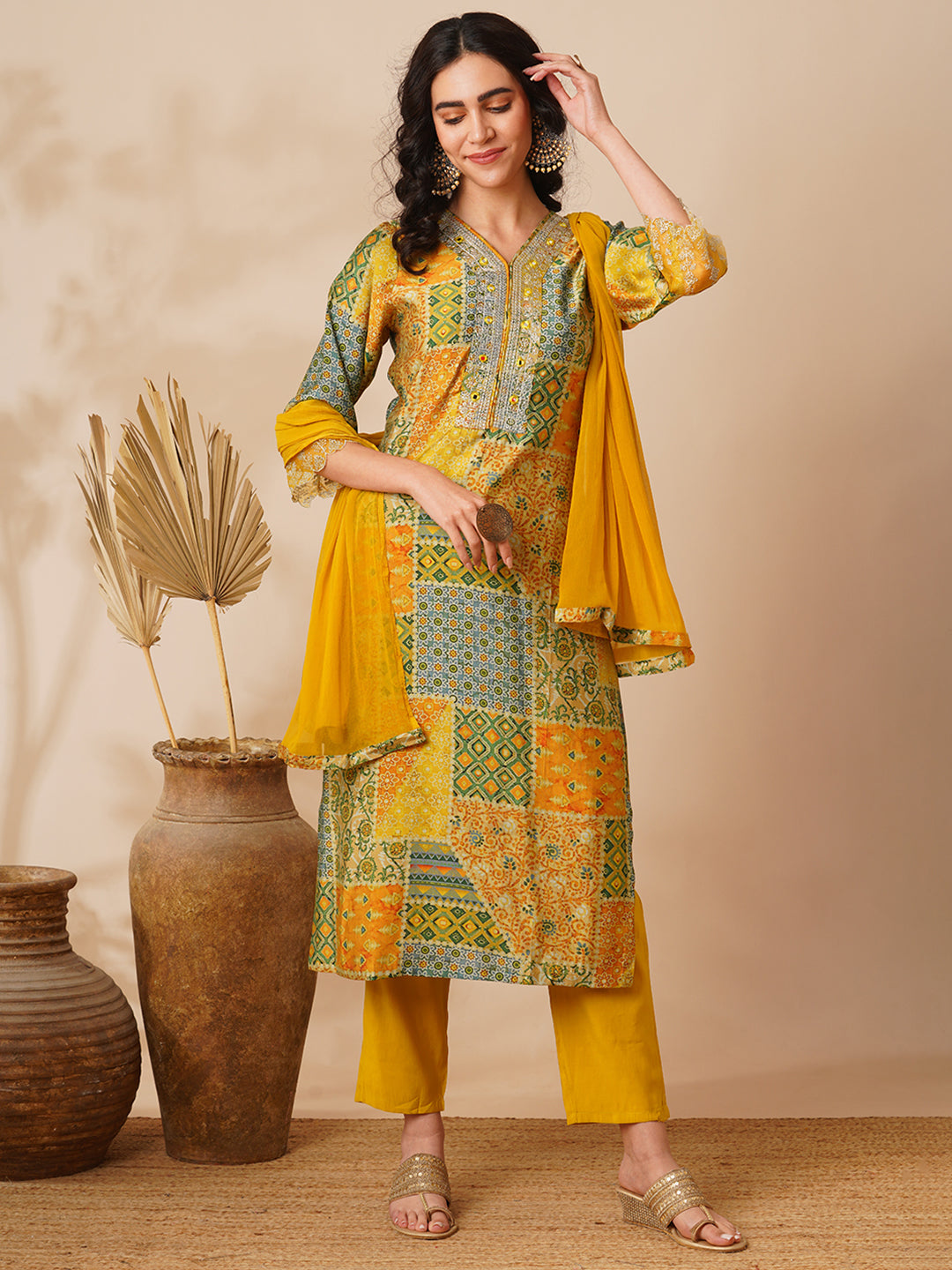 Abstract Printed & Embroidered Straight Fit Kurta with Pant and Dupatta - Yellow