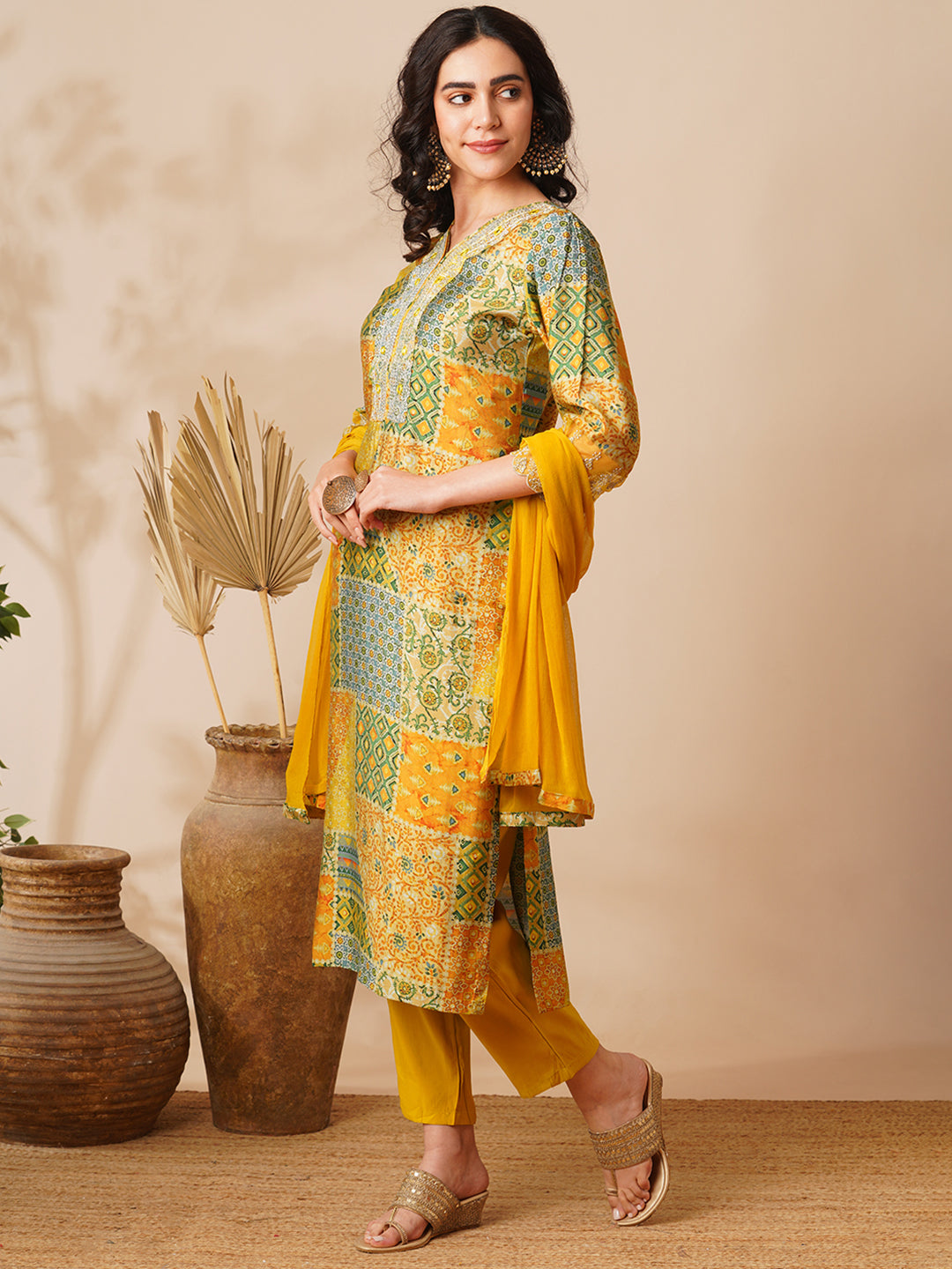 Abstract Printed & Embroidered Straight Fit Kurta with Pant and Dupatta - Yellow