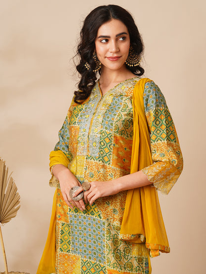 Abstract Printed & Embroidered Straight Fit Kurta with Pant and Dupatta - Yellow