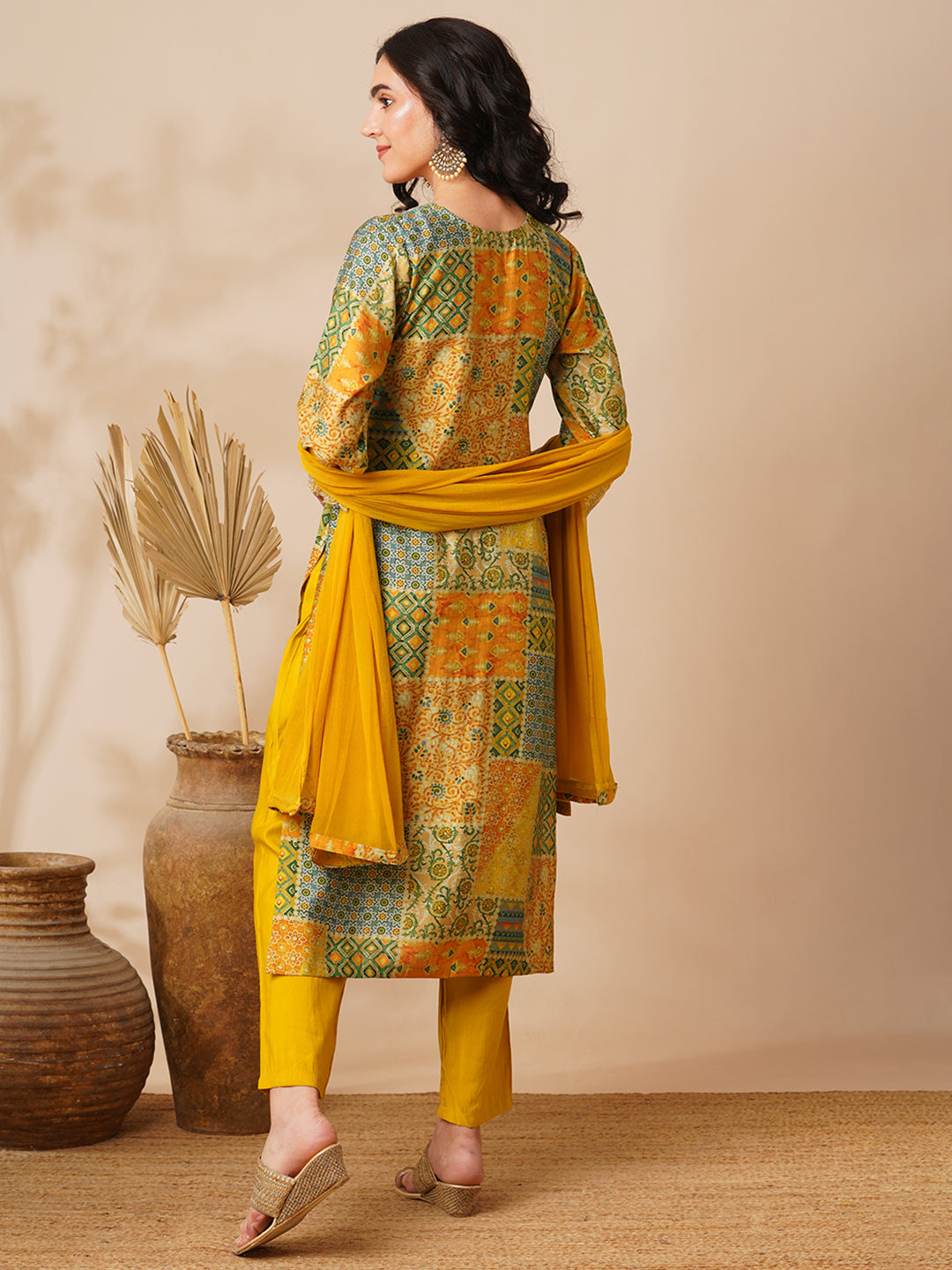 Abstract Printed & Embroidered Straight Fit Kurta with Pant and Dupatta - Yellow