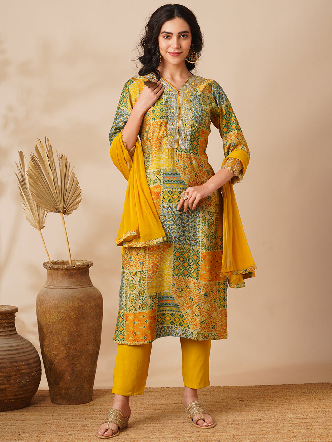 Abstract Printed & Embroidered Straight Fit Kurta with Pant and Dupatta - Yellow