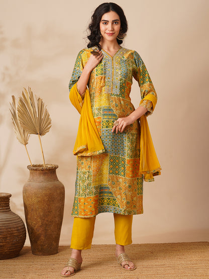 Abstract Printed & Embroidered Straight Fit Kurta with Pant and Dupatta - Yellow