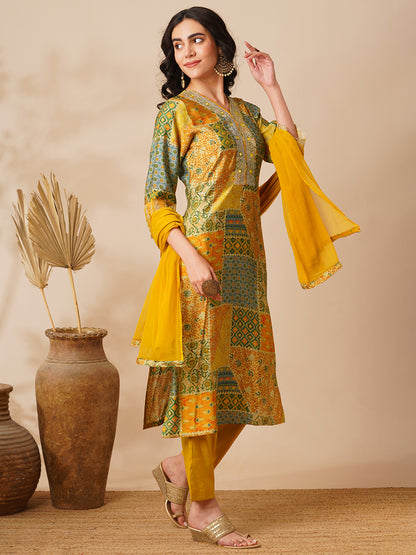 Abstract Printed & Embroidered Straight Fit Kurta with Pant and Dupatta - Yellow