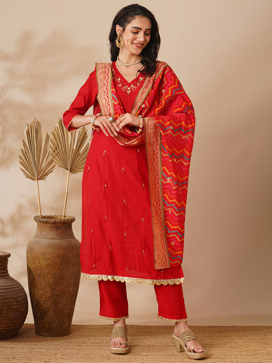 Solid Ethnic Hand Embroidered Straight Fit Kurta with Pant & Dupatta - Red