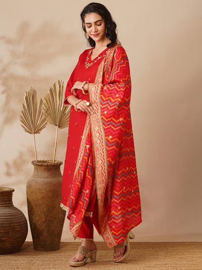 Solid Ethnic Hand Embroidered Straight Fit Kurta with Pant & Dupatta - Red