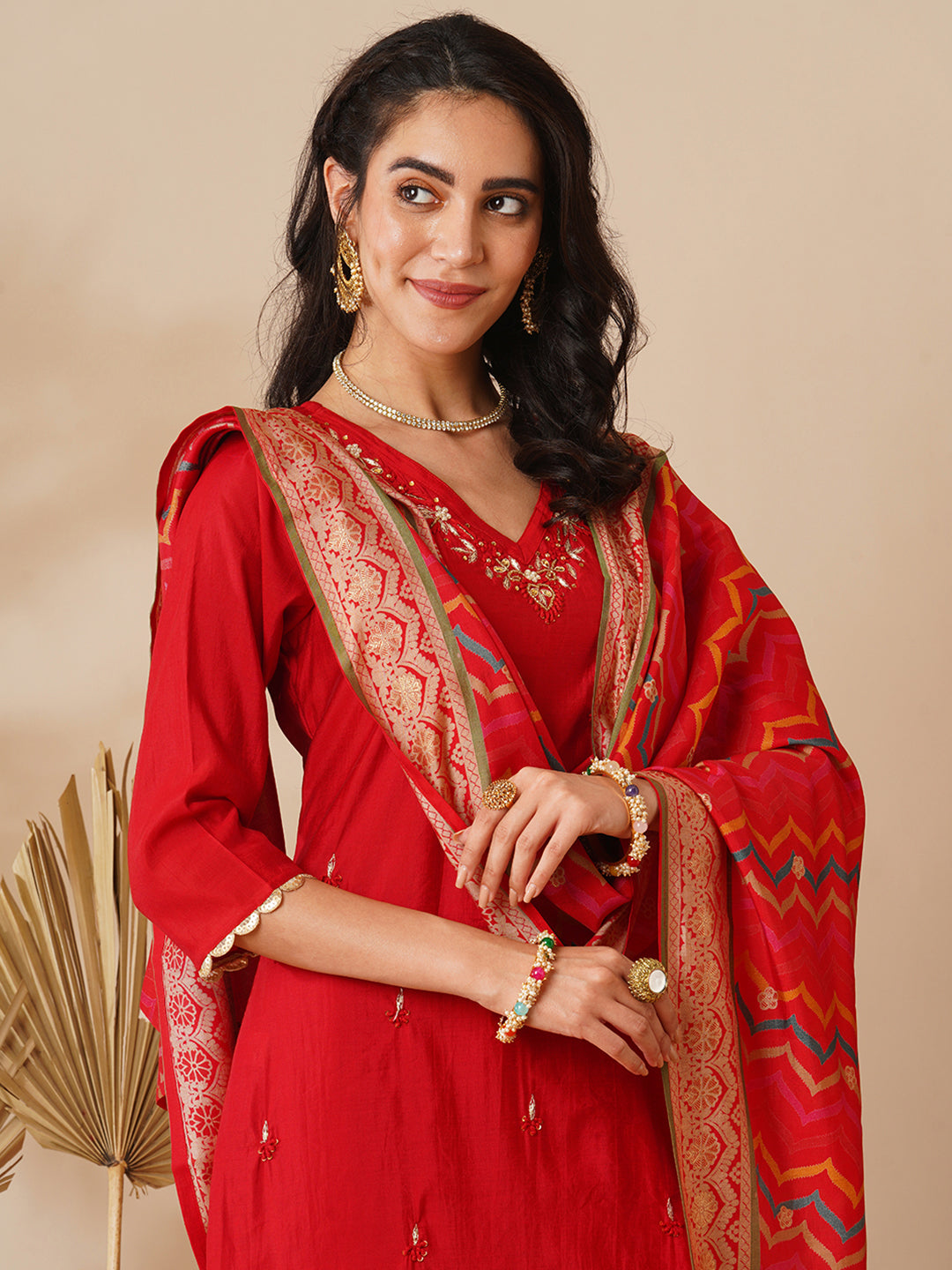 Solid Ethnic Hand Embroidered Straight Fit Kurta with Pant & Dupatta - Red