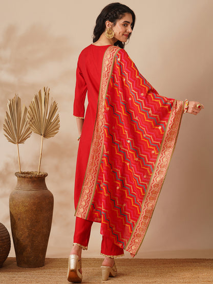 Solid Ethnic Hand Embroidered Straight Fit Kurta with Pant & Dupatta - Red