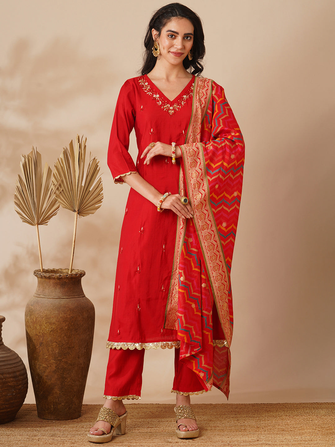 Solid Ethnic Hand Embroidered Straight Fit Kurta with Pant & Dupatta - Red