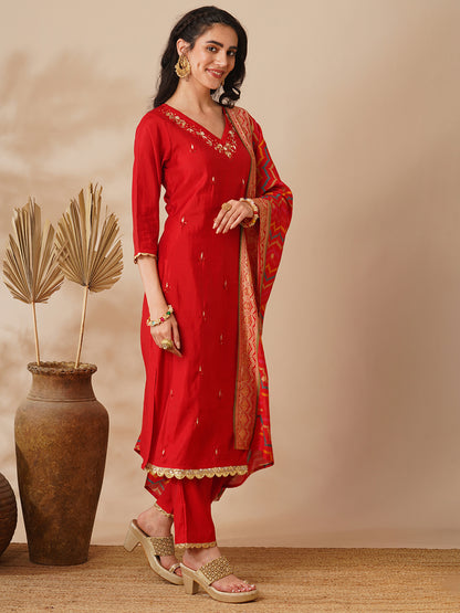 Solid Ethnic Hand Embroidered Straight Fit Kurta with Pant & Dupatta - Red