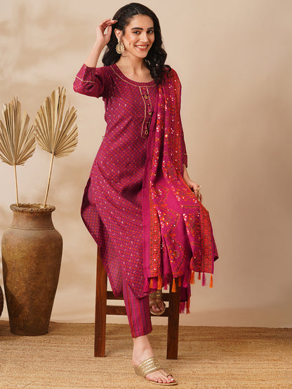 Floral Foil Printed Straight Fit Kurta with Pant & Dupatta - Burgundy