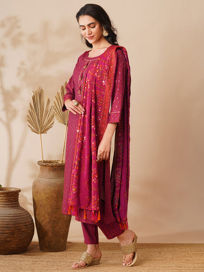 Floral Foil Printed Straight Fit Kurta with Pant & Dupatta - Burgundy